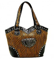 Animal Zebra Print Tote Bags w/ 3-Heart Charm - Brown - BG-127HZ-BR
